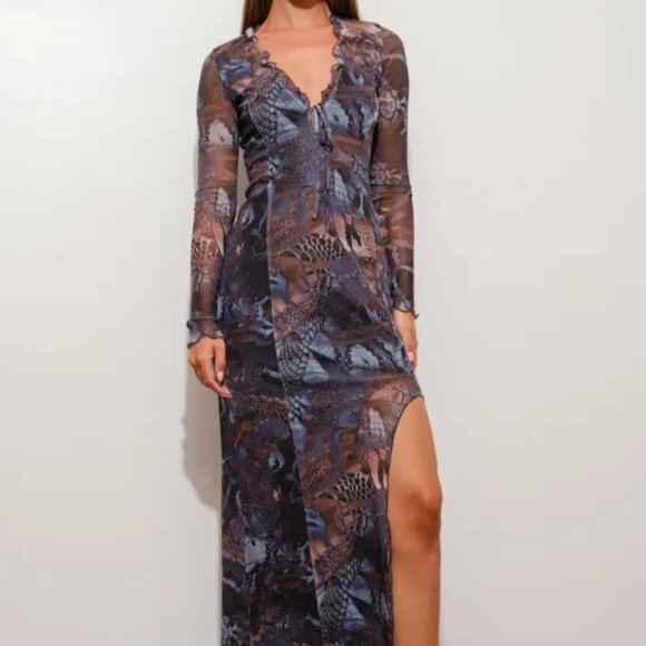 Pretty Garbage Dresses & Skirts - Navy Multi Print High Slit Mesh Maxi Dress
